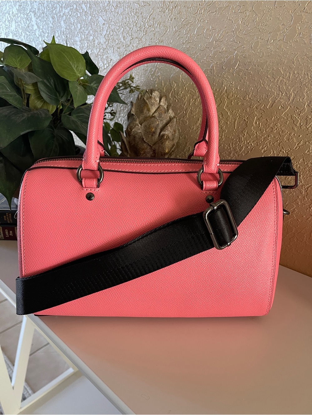 COACH Pink Saffiano Leather Satchel with Chain Detail - Picture 2 of 10